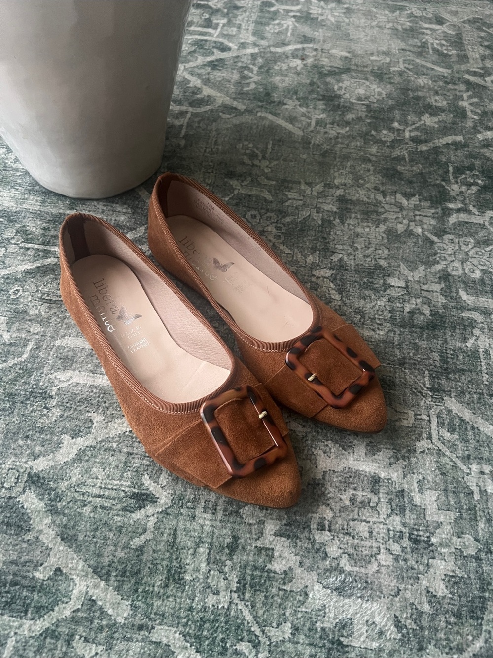 Taryn Rose Chestnut Brown Suede Pointed-Toe Flats with Tortoiseshell Buckle